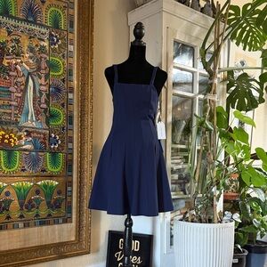 Navy Midi Dress with Square Neck and Pleated Skirt
